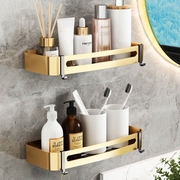 Wall-mounted brushed gold and black aluminum corner shelf for bathroom storage