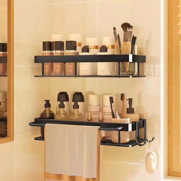 Wall-mounted corner shelf for shower storage, organizing shampoo and toiletries without drilling