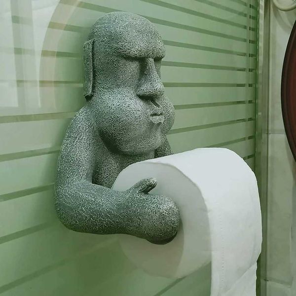Wall-mounted Easter Island Moai design tissue holder for durable toilet paper storage