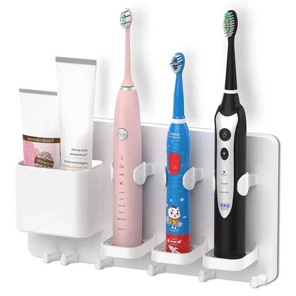 Wall-mounted electric toothbrush holder with storage rack, no drilling required
