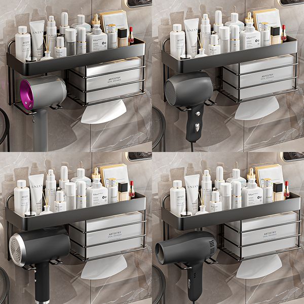 Wall-mounted hair dryer holder with cosmetic storage and straightener stand, featuring a tissue organizer shelf for bathroom accessories