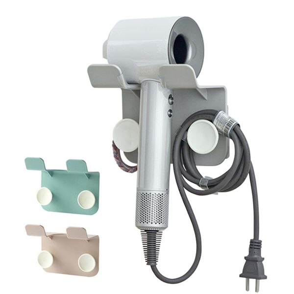 Wall-mounted hair dryer rack with hook for bathroom storage