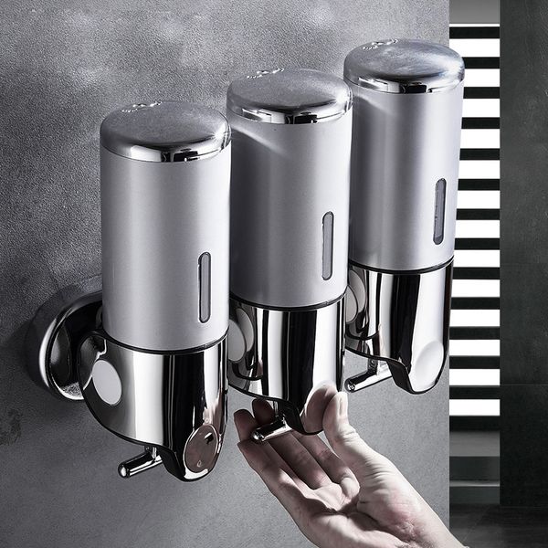 Wall-mounted liquid soap dispenser with double shampoo holders for shower or bathroom use
