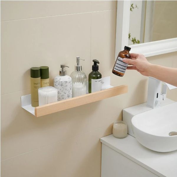 Wall-mounted Nordic-style solid wood shelf for bathroom, shower, and kitchen storage