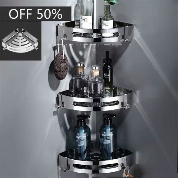 Wall-mounted stainless steel corner shelf for bathroom soap and shampoo storage