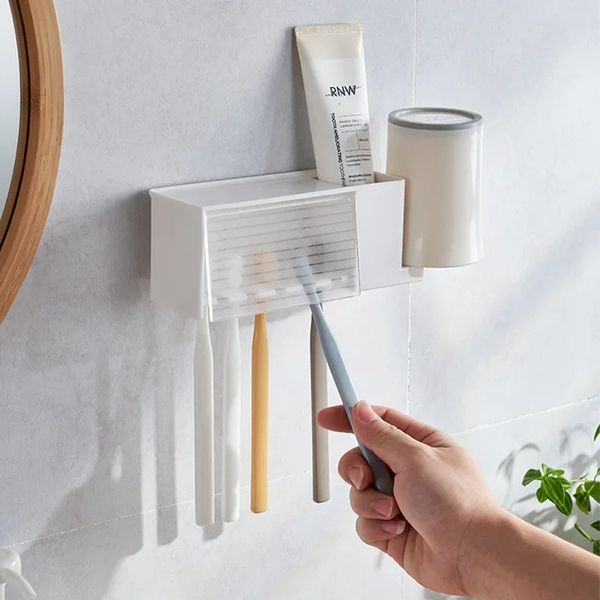 Wall-mounted toothbrush holder with suction cups for bathroom storage