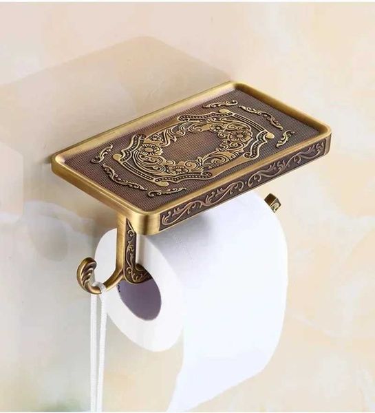 Wall-mounted vintage-style brass toilet paper holder for bathroom with antique IC design and tissue box accessory