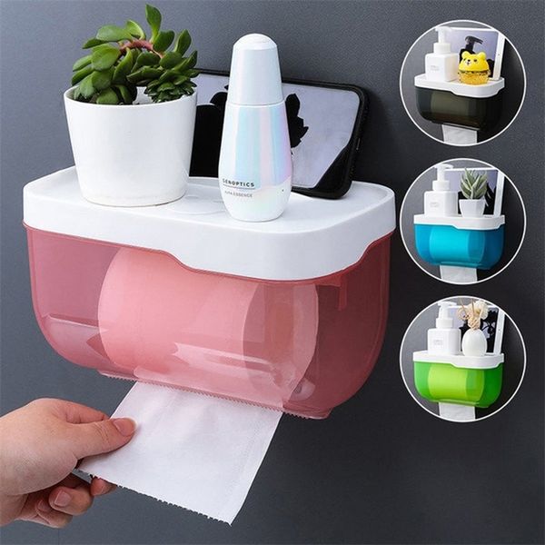 Wall-mounted waterproof toilet paper holder with self-adhesive backing for bathroom storage