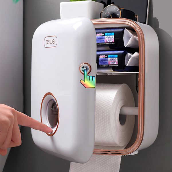 Wall-mounted waterproof toilet paper holder with tissue box and phone storage for bathroom organization