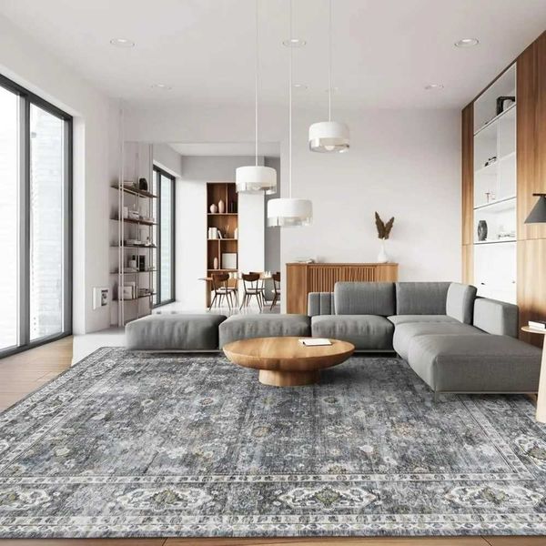 Washable Bohemian Rug, Slip-Resistant Shed-Free Faux Wool Vintage Style for Living Room, Dining Room, Kids Play Area 8x10