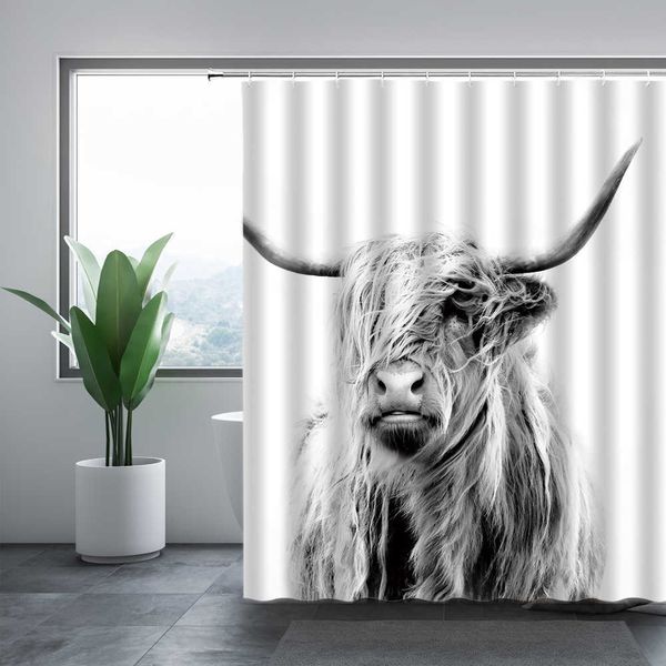 Washable Highland Cow 3D printed waterproof shower curtain with hooks for bathroom or bathtub decor, featuring wildlife design