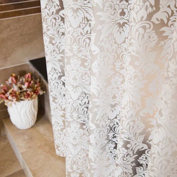 Washable waterproof PEVA shower curtain with floral design and hooks, available in 8 sizes for bathroom use