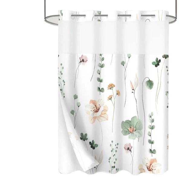 Washable, waterproof polyester shower curtain featuring a durable spliced design