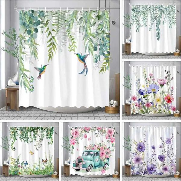 Watercolor floral leaf design polyester shower curtain, washable for bathroom decor, includes hooks M240824