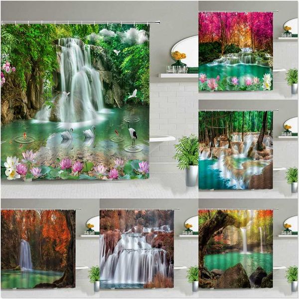 Waterfall Landscape Flower Birds Shower Curtain featuring summer nature scenes, waterproof polyester fabric for bathroom decor