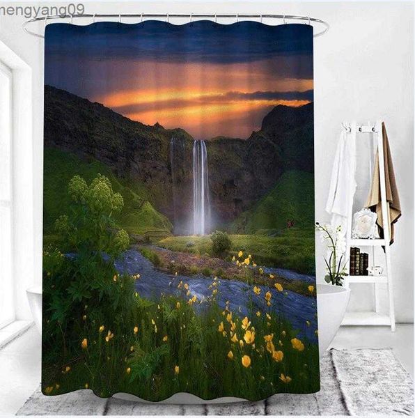 Waterfall shower curtain featuring a green meadow and forest landscape, perfect for bathroom decor and waterproof use