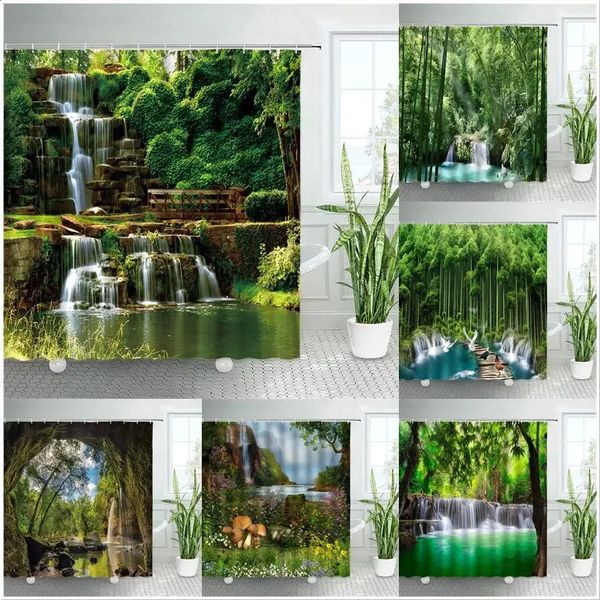Waterfall-themed bathroom curtain featuring a spring forest park design with green bamboo and natural landscape, made of waterproof fabric for home bathtub decor