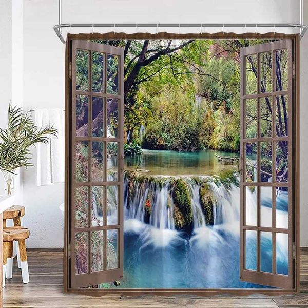Waterfall-themed shower curtains featuring forest and lake scenery for modern bathroom decor with hooks