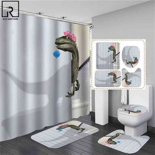 Waterproof 3D dinosaur shower curtain set with anti-slip bath mat and soft toilet rug for bathroom decor