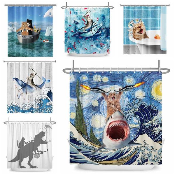 Waterproof 3D pet-themed shower curtain with hooks, 180x180cm, featuring creative cat and dog designs
