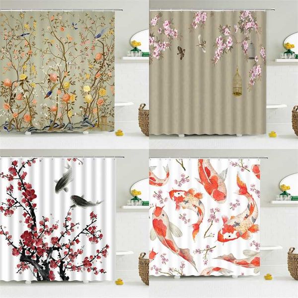 Waterproof 3D printed fabric shower curtain with hooks, featuring Chinese-style floral and bird designs for bathroom decoration