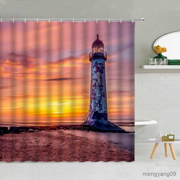 Waterproof 3D printed shower curtain featuring a sea lighthouse and birds, high-quality fabric bathtub decor with bath screen included