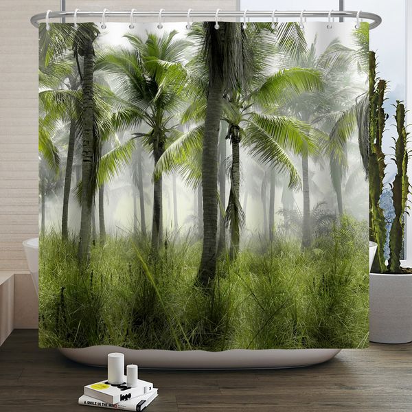 Waterproof 3D printed shower curtain featuring a tropical forest landscape with hooks, boho bathroom decor style, model L220922