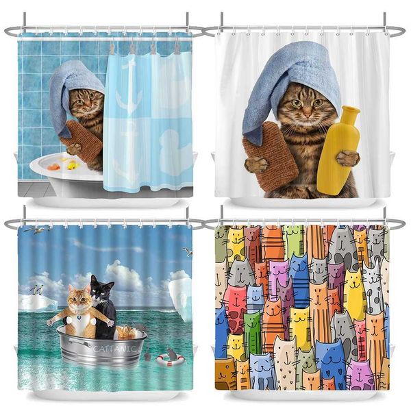 Waterproof 3D shower curtain featuring cat and dog design with hook decorations, creative and personalized, size 180x180cm, model W2408