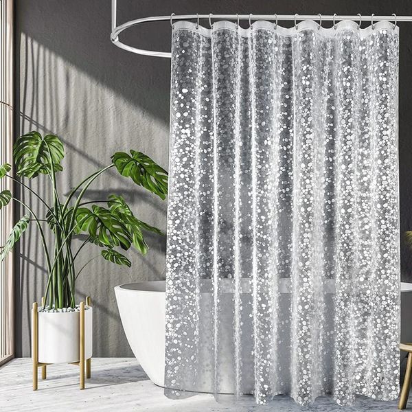Waterproof 3D shower curtain with modern pebble design, mildew-resistant EVA material, includes hooks