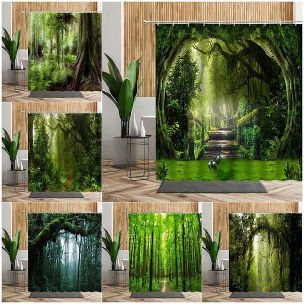 Waterproof 3D tropical forest shower curtain featuring lush green trees and moss for bathroom decoration
