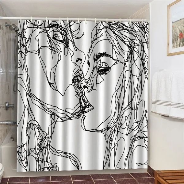 Waterproof bathroom set featuring 3D black and white kissing lovers design with shower curtain for home decor