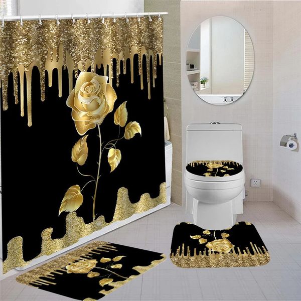 Waterproof bathroom set includes shower curtain, 12 hooks, toilet cover, seat, nonslip bath mats and rug for windows