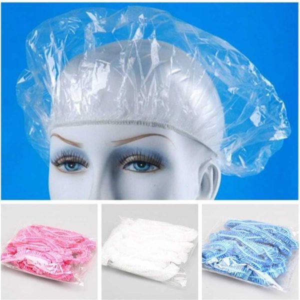 Waterproof disposable shower caps with elastic bands, double ribbon pleated design for dust protection, suitable for home and hotel use