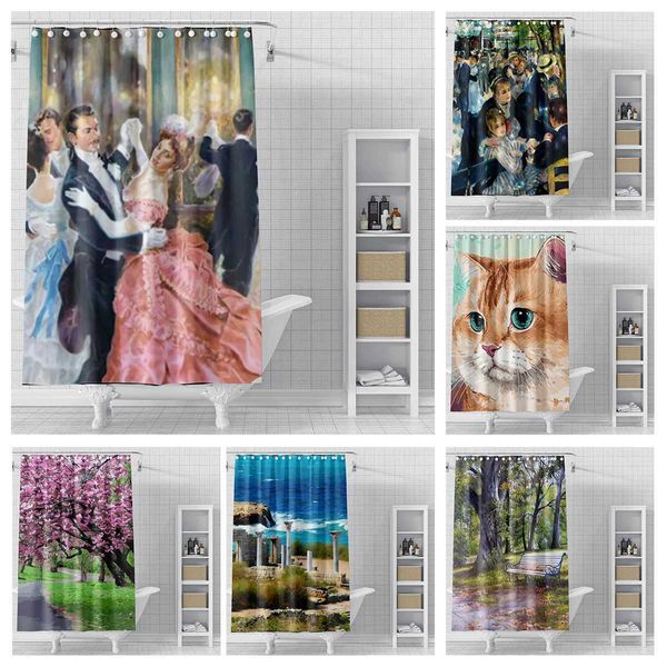 Waterproof fabric bathroom curtains in oil painting style, modern shower drapes 180x200 and 240x200 sizes