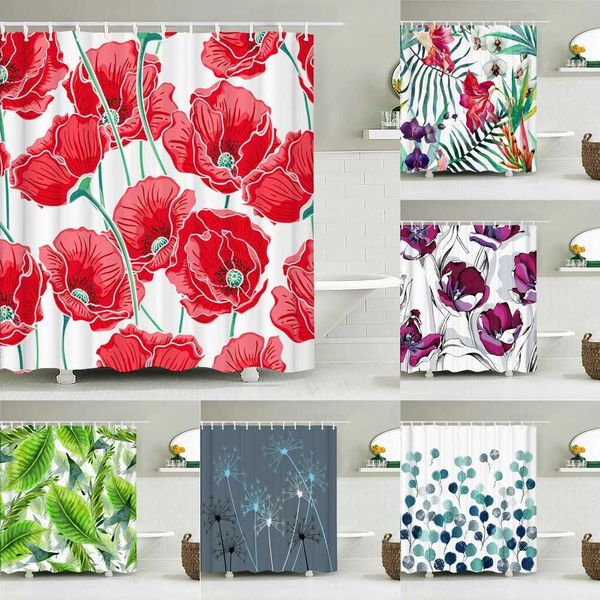 Waterproof floral shower curtain with vibrant colors for bathroom decoration, includes hooks