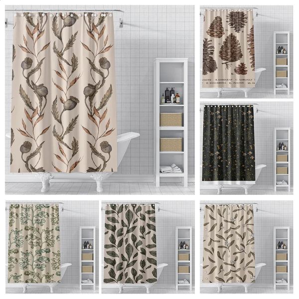 Waterproof home shower curtains in modern Nordic design with morandi leaf plant patterns