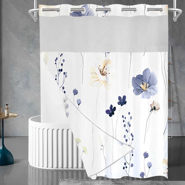 Waterproof hook-free shower curtain with snap-on washable liner, 180x188cm, for bathroom decor W240808