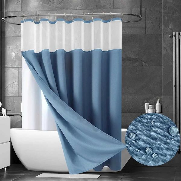 Waterproof linen shower curtain liner with silver hooks for bathroom bathtub