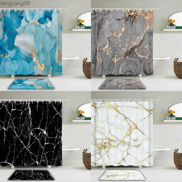 Waterproof marble-pattern shower curtain set with matching bath mats, featuring a modern abstract stone design for a luxurious bathroom look