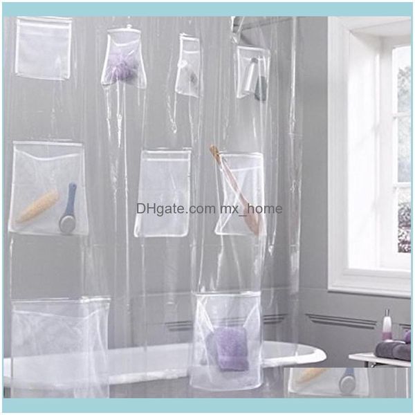 Waterproof, mildew-resistant, non-toxic translucent shower curtain liner with pockets for bathroom use