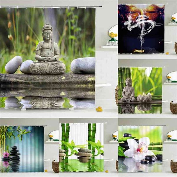 Waterproof polyester Chinese Buddha shower curtains with hooks for custom bathroom decor