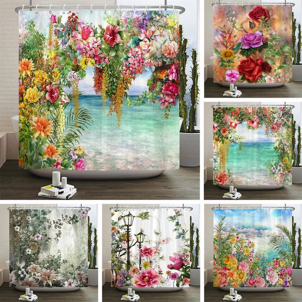 Waterproof polyester retro floral shower curtains with 12 hooks for bathrooms