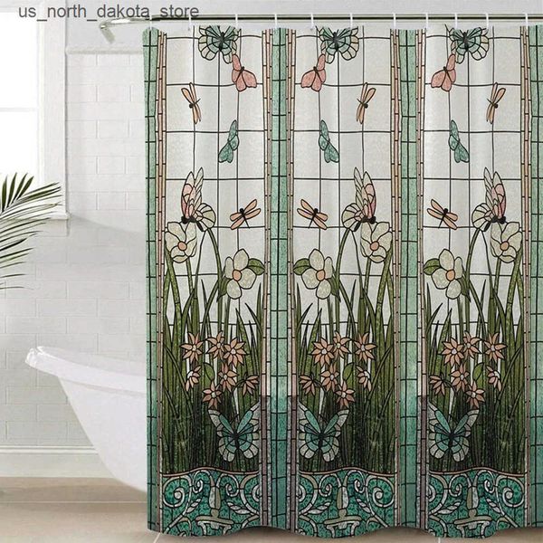 Waterproof polyester shower curtain featuring a colorful meadow flower and dragonfly design, ideal for family or hotel bathrooms