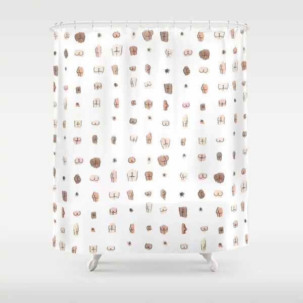 Waterproof polyester shower curtain featuring a humorous printed design, includes 12 hooks for bathroom decoration