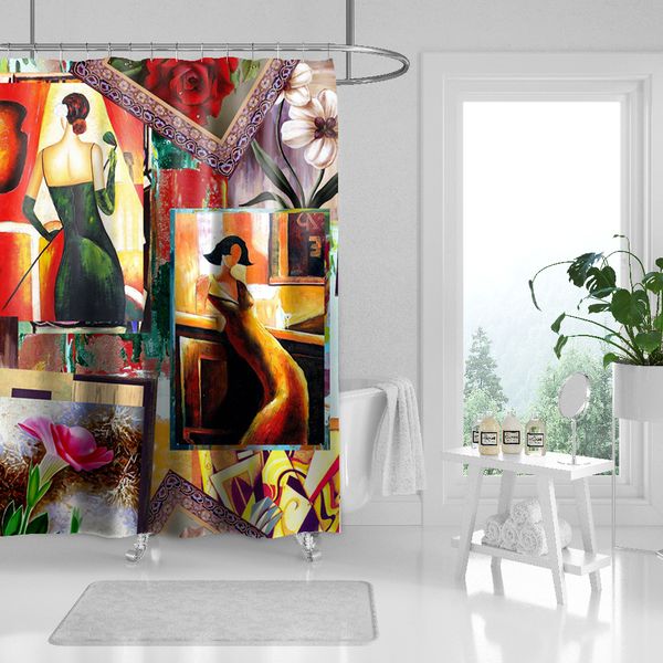 Waterproof polyester shower curtain featuring newspaper print design, with hooks for bathroom decor