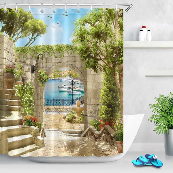 Waterproof polyester shower curtain set featuring an ancient arch with a scenic sea and pier view
