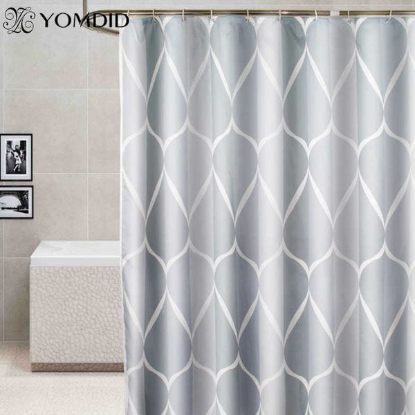 Waterproof shower curtain featuring a geometric water drop design, includes 12 hooks, made of polyester for bathroom use