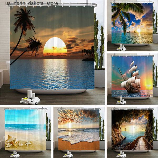 Waterproof shower curtain featuring a sunset and dolphin design, perfect for ocean-themed bathroom decor with included hooks