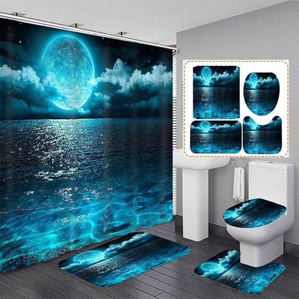 Waterproof shower curtain set featuring moonlight sea scenery, includes bath rug, mats with hooks, and toilet seat cover for bathroom decor