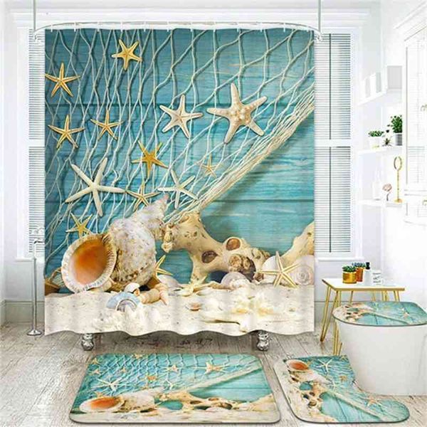 Waterproof shower curtain with matching non-slip bath rug, toilet cover, and floor mat in Conch Beach design - 4-piece bathroom set